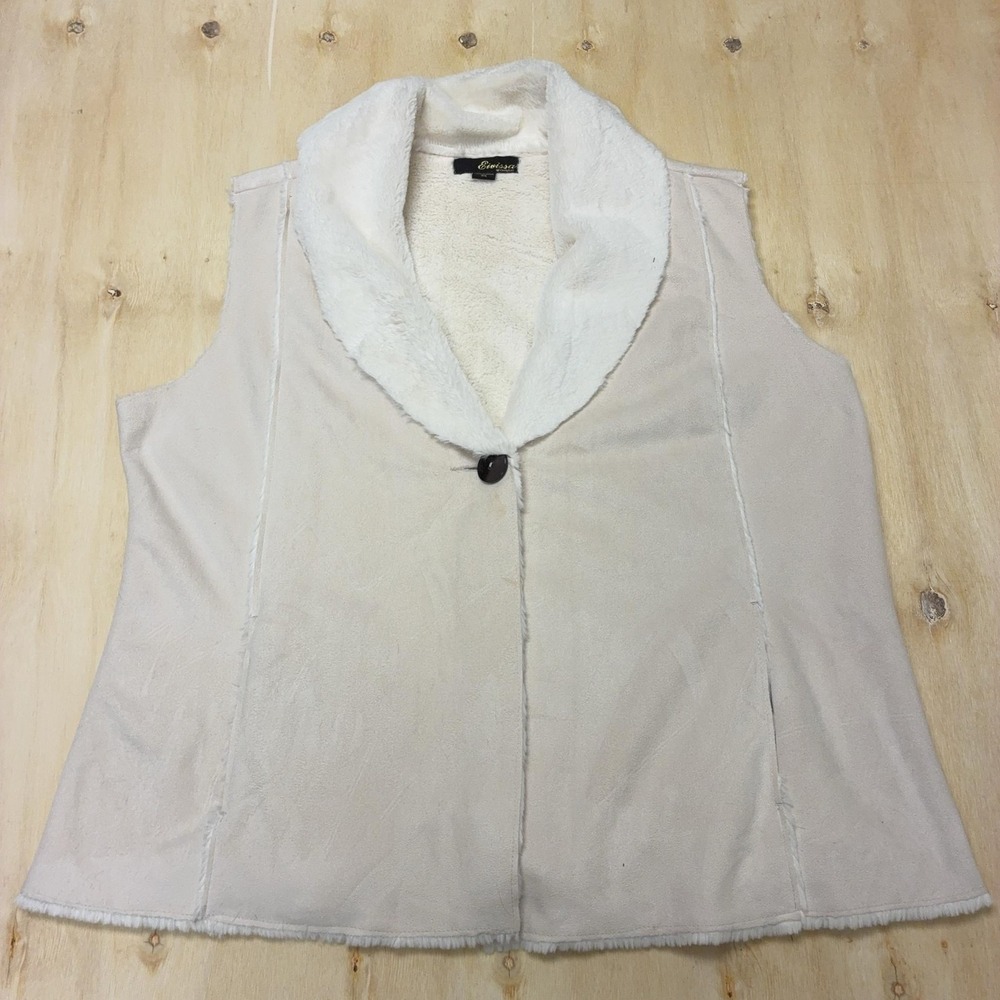 Eivissa Vest Womens 2X Beige Fleece Lined Faux Fur Collar Button Soft Sleeveless